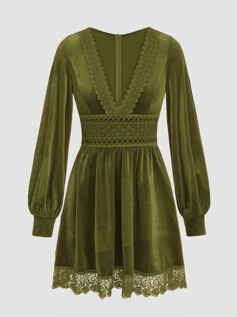 Cider Olive Green Velvet Lace-Trim Long Sleeve Dress